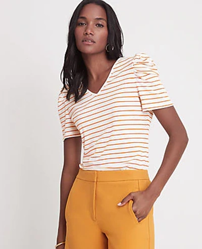 Ann Taylor Striped Ribbed Puff Sleeve Top In Raw Honey