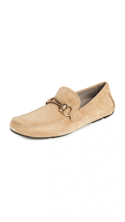 Ferragamo Men's Front 4 Suede Slip On Driver Moccasins - Regular In Tan