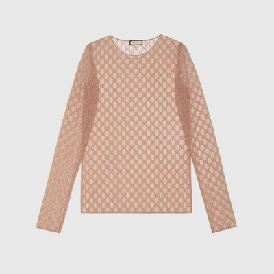Gucci Gg Embroidered Tulle Long-sleeve Top In Pale Pink