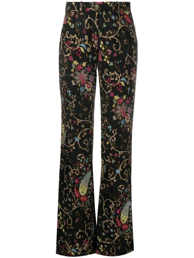 Etro Floral-print Wide-leg Satin Trousers In Black