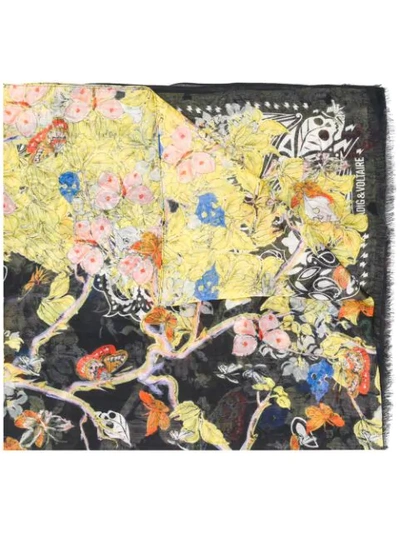 Zadig & Voltaire Floral Print Fringed Scarf In Black