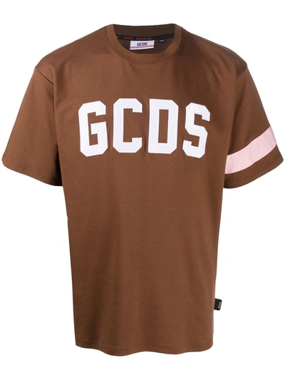 Gcds Embroidered Logo Crew Neck T-shirt In Brown