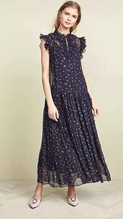 Coach Scattered Rose Print Pleated Dress In Blue - Size 06