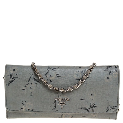 Pre-owned Prada Pale Blue Floral Print Saffiano Leather Wallet On Chain
