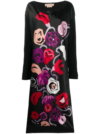 Marni Floral Print Long-sleeve Dress In Black