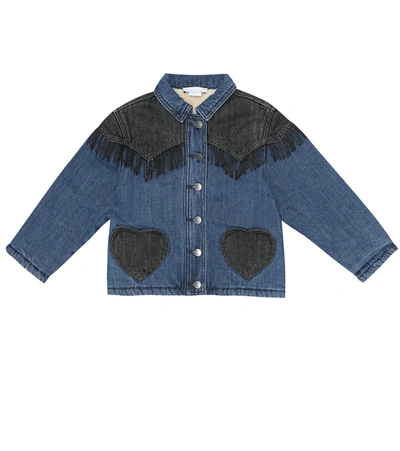 Stella Mccartney Kids' Contrast Fringe Denim Jacket With Faux Shearling Lining In Blue