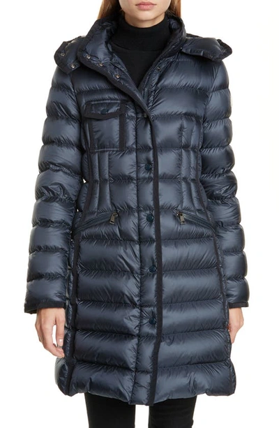 Moncler Hermine Grosgrain Trim Quilted Down Puffer Coat In Navy