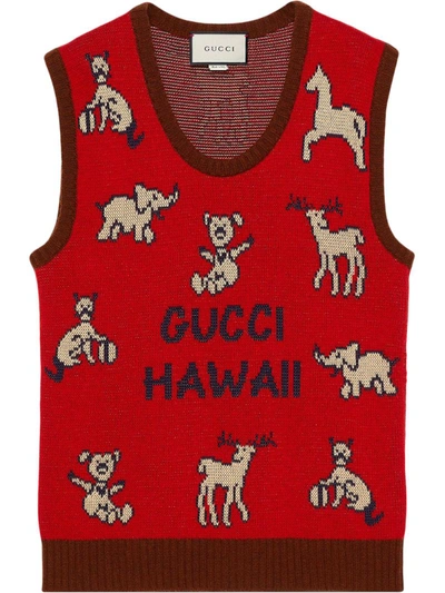 Gucci Hawaii Animal Jacquard Wool & Cotton Sweater Vest In Red
