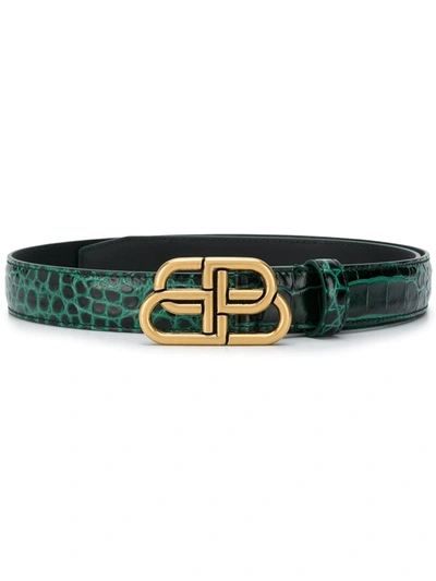 Balenciaga Bb Shiny Croc-embossed Leather Belt In Forest Green | ModeSens