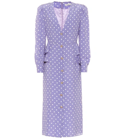 Alessandra Rich Embellished Ruffled Polka-dot Silk Crepe De Chine Midi Dress In Purple,white