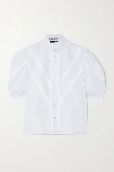 Acheval Pampa Pleated Lace-trimmed Stretch-cotton Poplin Blouse In White