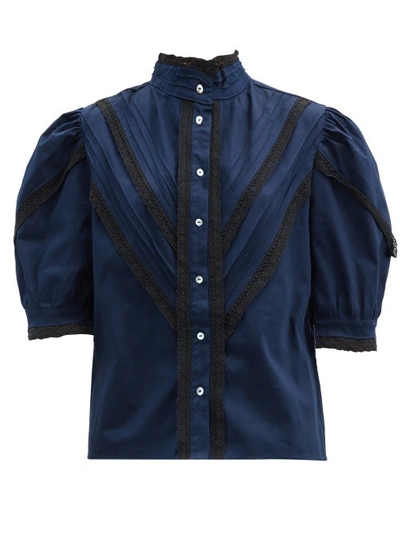 Acheval Pampa + Net Sustain Yegua Pleated Lace-trimmed Stretch-cotton Poplin Blouse In Blue