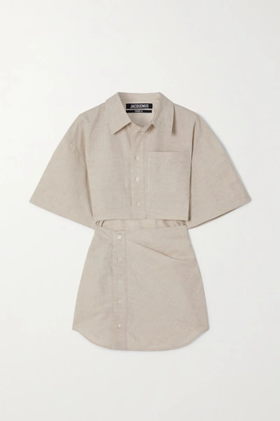 Jacquemus Arles Cutout Cotton And Linen-blend Mini Shirt Dress In Neutral