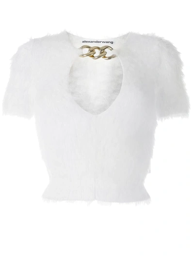 Alexander Wang Chain-embellished Cropped Knitted Sweater In White