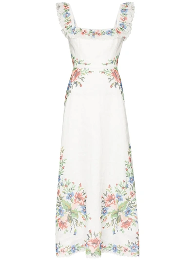 Zimmermann Juliette Scalloped Embroidered Linen Midi Dress In Multi