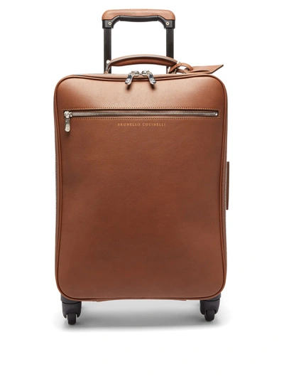 Brunello Cucinelli Grained-leather Carry-on Suitcase In Brown