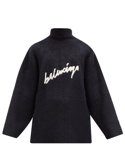 Balenciaga Embroidered-logo Rib-knitted Cotton-blend Sweater In Blue