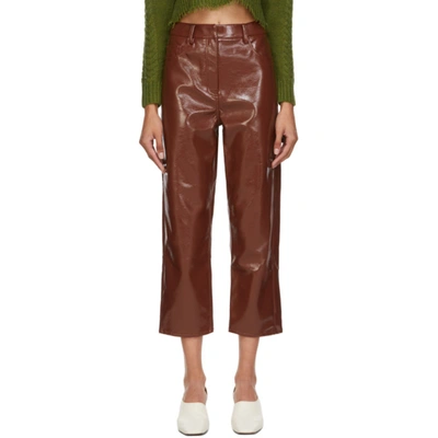 Tibi Brown Faux Patent Leather Cropped Trousers In Rusty Brown