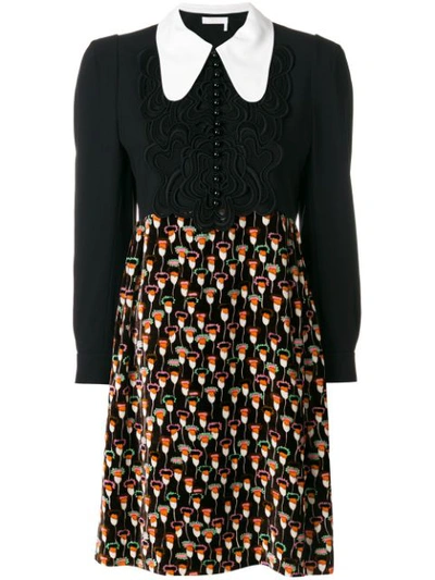 Chloé Long-sleeve Crepe & Velvet Poppy-print Minidress, Multicolor In Black