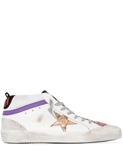 Golden Goose Mid Star Glitter Detail Leather Sneakers In White