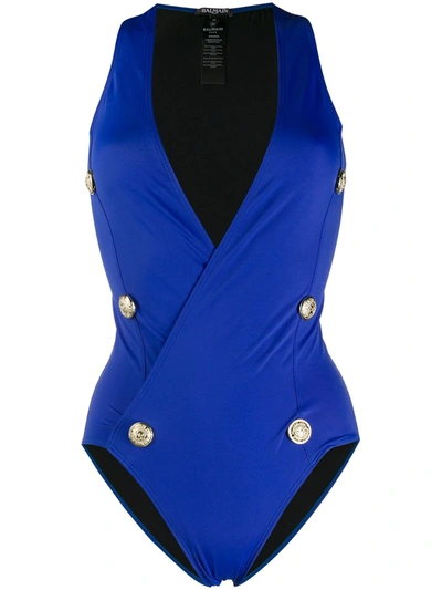 Balmain Buttoned Wrap Swimsuit In Blue