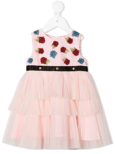 Young Versace Babies' Rose-embroidered Dress In Pink