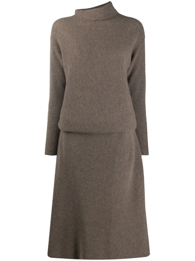 Agnona Funnel Neck Ribbed Dress In Neutrals