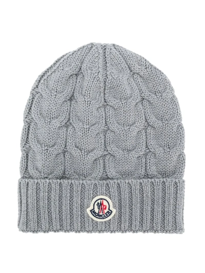 Moncler Kids' Ribbed Knit Wool Beanie In Grey