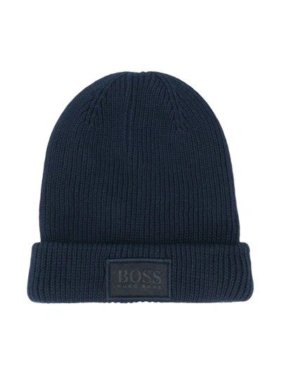 Hugo Boss Ribbed Knit Cotton Beanie In Blue