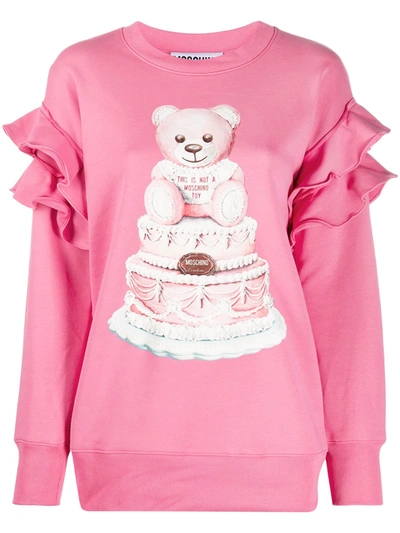 Moschino Couture Sweatshirt With Teddy Cake Print And Rouches In Pink