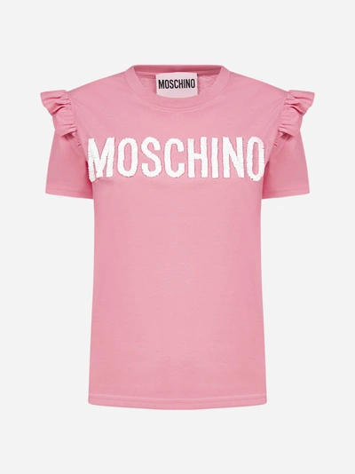 Moschino Couture T-shirt With Sequin And Rouches Logo In Pink