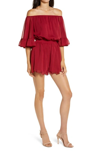Endless Rose Off The Shoulder Ruffle Sleeve Romper In Burgundy
