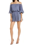 Endless Rose Off The Shoulder Ruffle Sleeve Romper In Dusty Blue