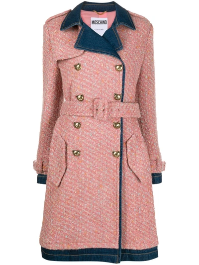 Moschino Denim-trimmed Wool-blend Bouclé-tweed Trench Coat In Pink