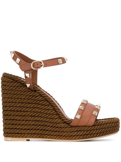 Valentino Garavani Rockstud Leather Wedge Sandals In Brown