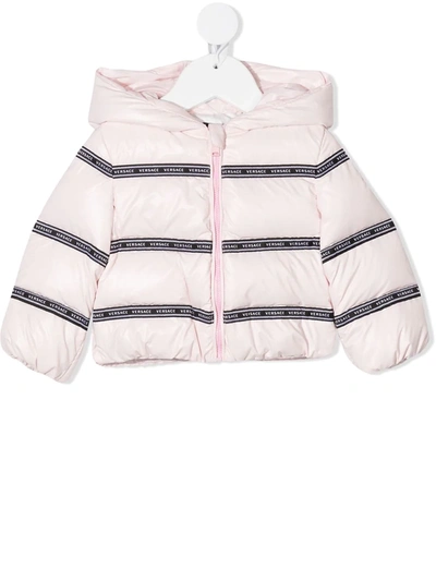 Young Versace Babies' Striped Logo Padded Coat In Pink