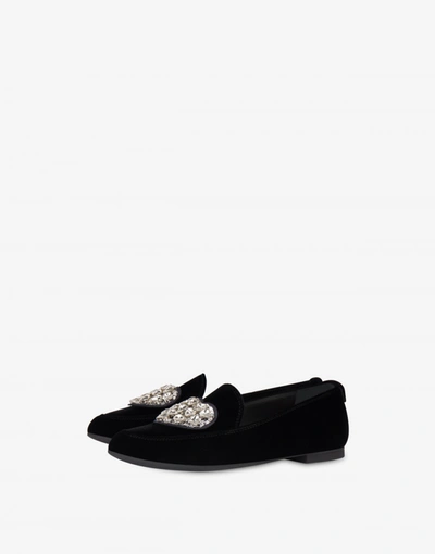 Love Moschino Velvet Loafers Jeweled Heart In Black