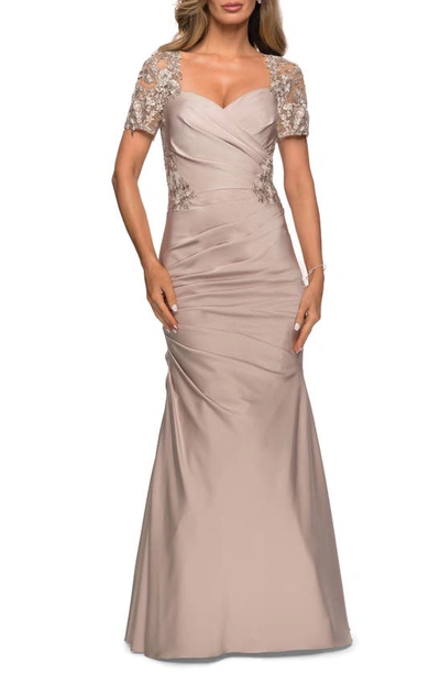La Femme Sweetheart Ruched Satin Gown With Lace Back In Frost Rose