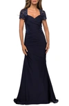 La Femme Sweetheart Ruched Satin Gown With Lace Back In Navy
