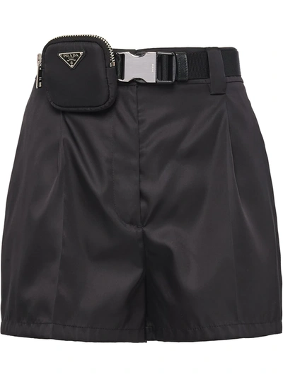 Prada Logo-pouch Belted Shorts In Black