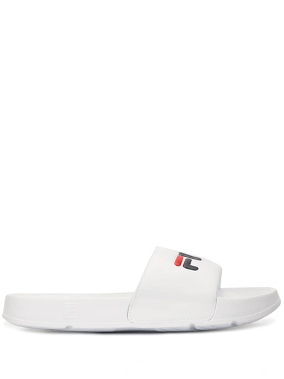 Fila Logo Print Embossed Side Slides In White/ Navy/ Red