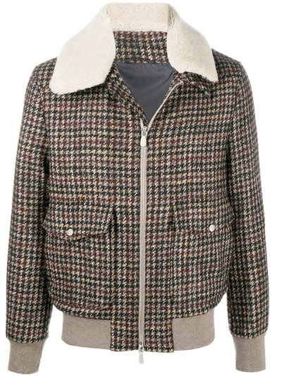 Eleventy Shearling-collar Houndstooth Jacket In Red