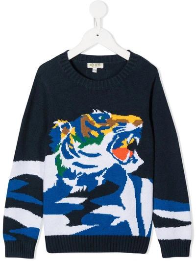 Kenzo Teen Tiger Print Jumper In Blue