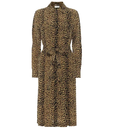 Saint Laurent Leopard-print Silk Shirt Dress In Brown