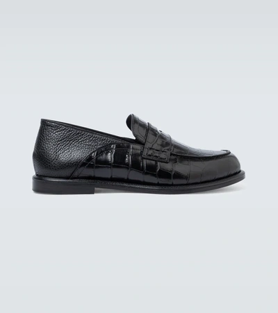 Loewe Black Croc-embossed Slip-on Loafers