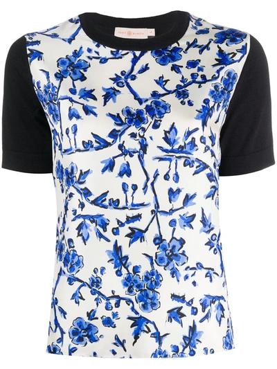Tory Burch Women's Floral Print Silk T-shirt In Medium Navy/blue Branches