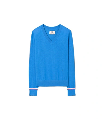 Tory Sport Tory Burch Performance Merino V-neck Sweater In Vintage Blue