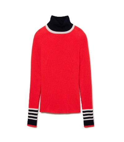 Tory Sport Merino Ribbed Turtleneck Sweater In Red