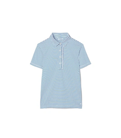 Tory Sport Performance Striped Ruffle Polo In Surf Blue Pinstripe