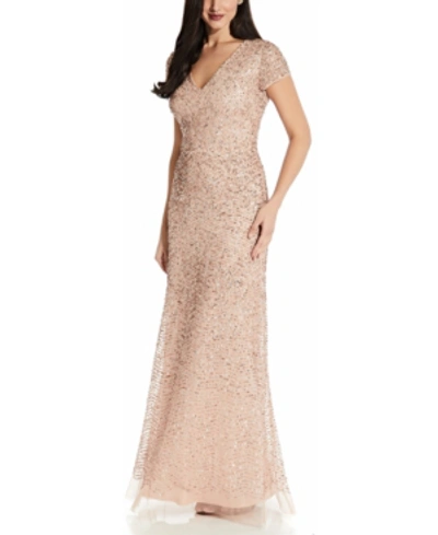 Adrianna Papell V-neck Sequin Gown In Blush